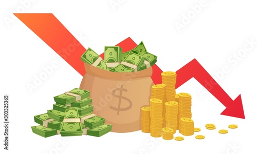 Bad finance graph. Loss of financial savings, inflation schedule and money loss. Bankruptcy, financial investment loss or market debt crisis. Low finance business isolated vector illustration