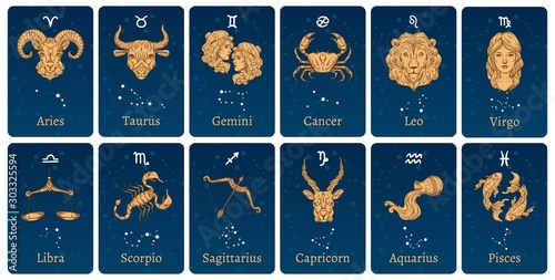 Zodiac constellations and signs. Horoscope cards with constellation stars, decorative zodiac sketch symbols. Astronomy zodiac map, zodiacal star posters. Isolated vector illustration icons set photo