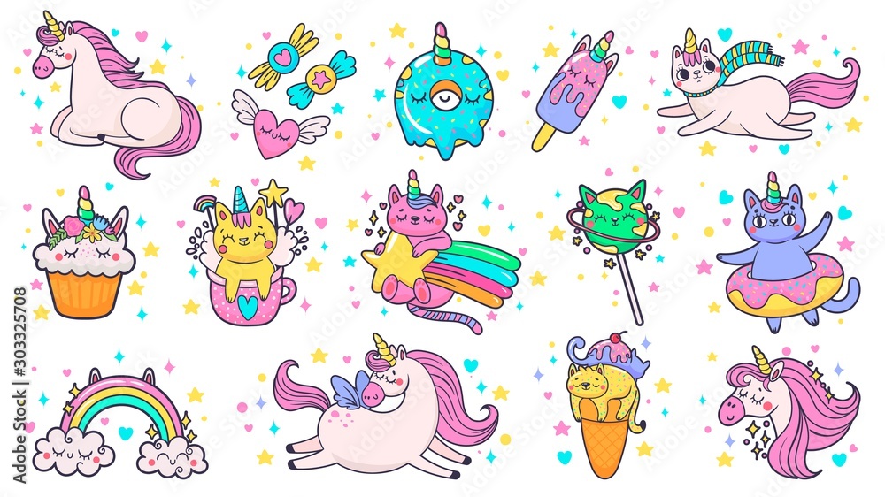 Cute hand drawn patches. Magic fairytale pony unicorn, fabulous cat and sweet candy stickers. Ice cream patch sticker or kitty doodle badges. Cartoon isolated vector illustration symbols set
