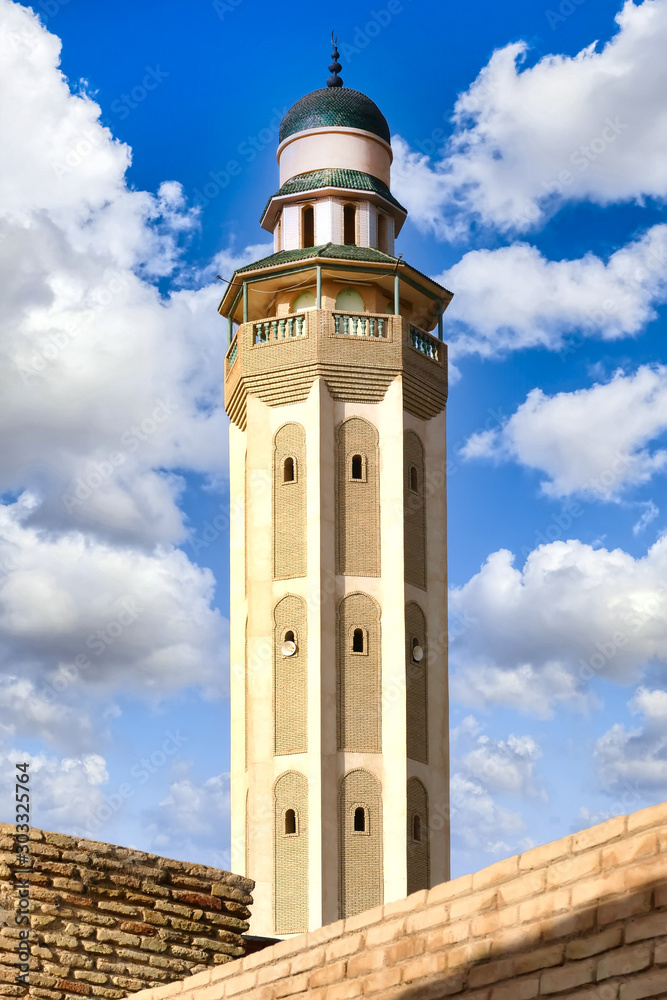 View to the Minaret of Farkous Mosque in Tozeur, Tunisia