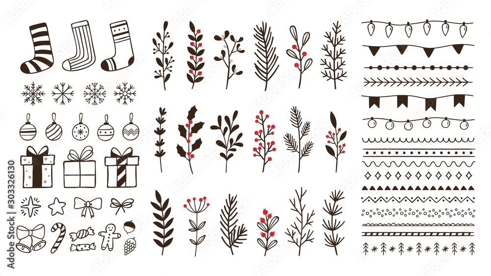 Hand drawn ornamental winter elements. Doodle christmas snowflake, floral branches and decorative borders. Gift boxes, ornament deco borders and Xmas tree leaves. Isolated vector symbols set - obrazy, fototapety, plakaty 