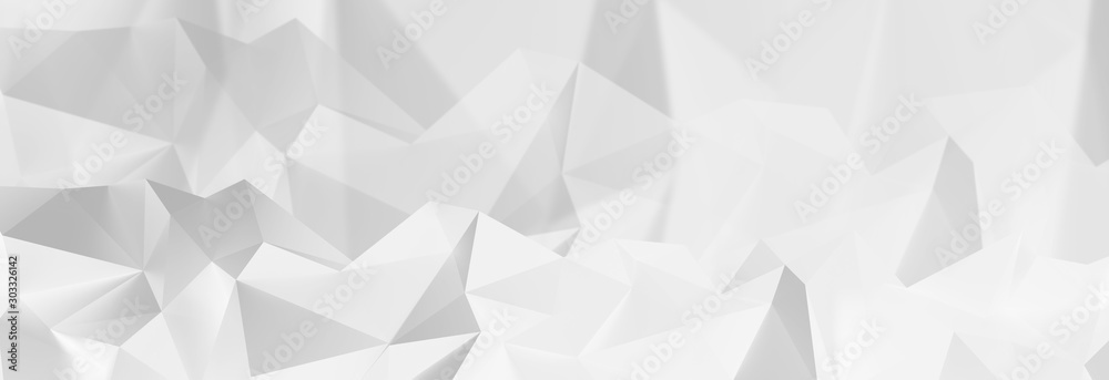 3d ILLUSTRATION, of white abstract crystal background, triangular texture, wide panoramic for wallpaper, 3d futuristic white background low poly design