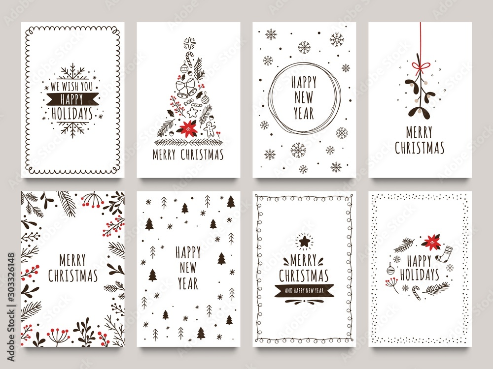 Hand drawn winter holidays cards. Merry Christmas card with floral ornaments, New Year tree and snowflakes frame. 2020 Xmas greeting or invitation inspire quote cards. Isolated vector icons set - obrazy, fototapety, plakaty 