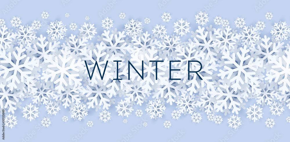 Snow Effect with Realistic Vector Snowflakes in the center on Light Background. Christmas Holiday Winter Frozen Ice 3D Illustration