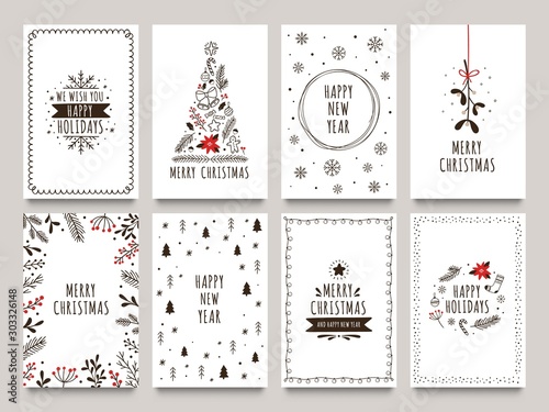 Hand drawn winter holidays cards. Merry Christmas card with floral ornaments, New Year tree and snowflakes frame. 2020 Xmas greeting or invitation inspire quote cards. Isolated vector icons set photo