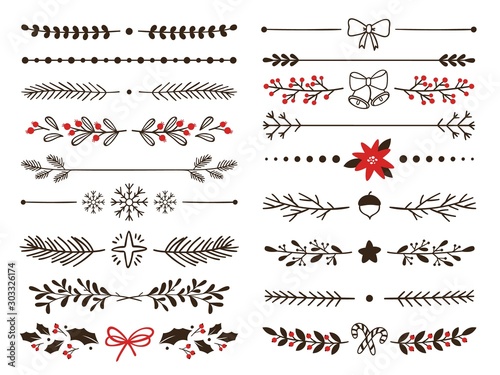 Hand drawn ornamental winter dividers. Snowflakes borders, Christmas holiday decor and floral ornate dividers. Ornamental wedding or Xmas card floral frames separators. Isolated vector symbols set