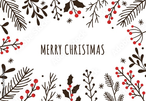 Hand drawn winter christmas frame. Floral ornate greeting card, doodle leaves and branches with berries. 2020 Xmas holidays poster, evergreen juniper and fir brunches vector illustration