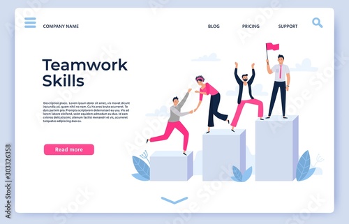Successful team. Career development assistance, businessmen hold gold cup trophy and teamwork skills landing page. Working team award goal, career winning reward vector illustration