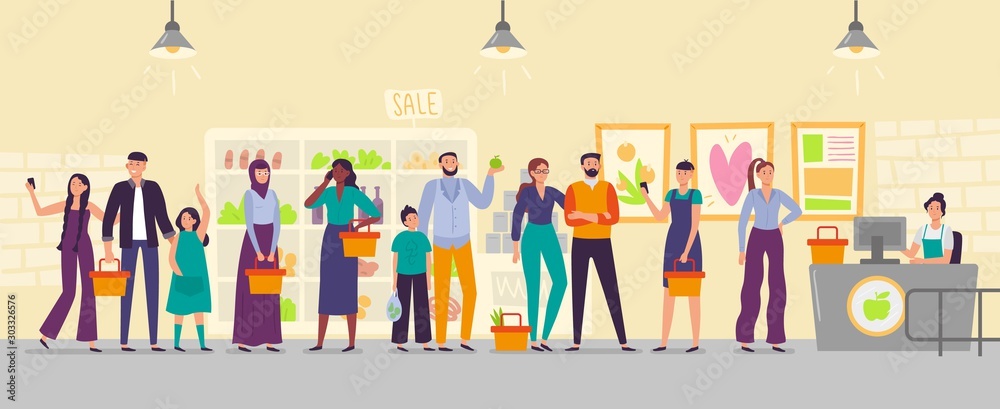People waiting in store line. Long shop queue, customers in line for cash register and waiting for buy. Shopping characters, order awaiting buyer flat vector illustration People waiting in store line. Long shop queue, customers in line for cash register and waiting for buy. Shopping characters, order awaiting buyer flat vector illustration