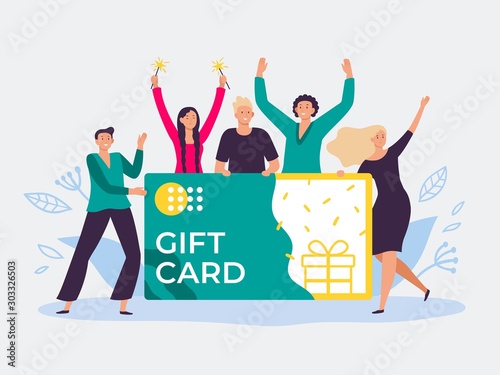 Gift card voucher. Gift certificate, discount cards for customers and happy people hold gift coupon. Shopping voucher prize winning flat vector illustration