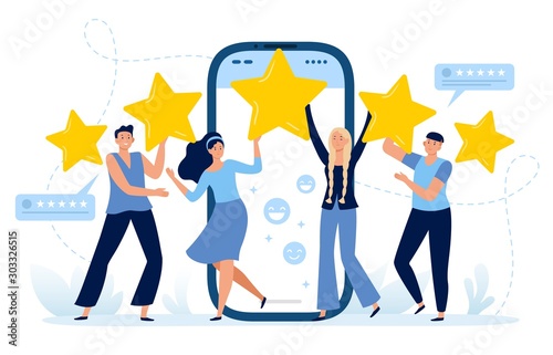 Five stars mobile app feedback. Customers satisfaction, clients leave five star rating and positive feedback. Choice rating review app, customer reviews flat vector illustration