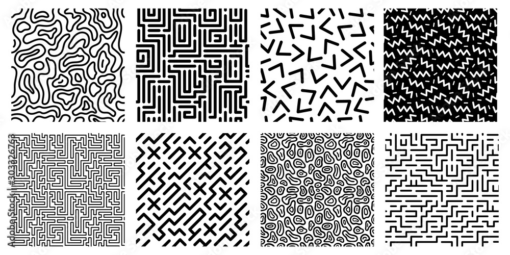 Seamless geometric pattern. Striped labyrinth, 80s style texture and abstract digital maze patterns. Ink geometrical doodle, trendy memphis fabric. Isolated vector icons set