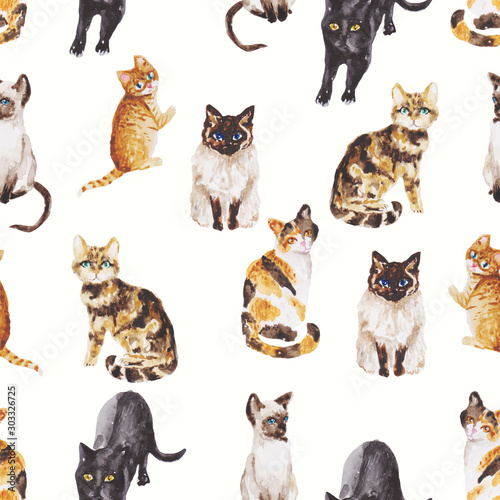 set of funny watercolor cats. Raster seamless pattern . Concept for print, textile, web design, cards, wallpapers