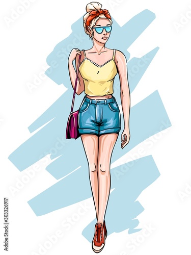 Blonde girl in fashionable clothes. Hand drawn young woman with blond hair in sunglasses, fashion summer shorts sketch. Pretty blonde model or businesswoman, modeling isolated vector illustration