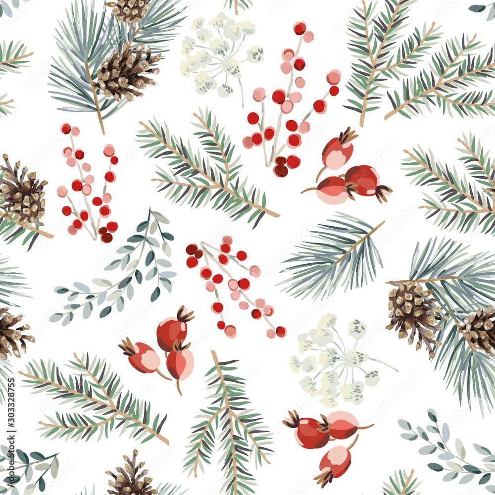 Christmas seamless pattern, red berries, green fir twigs, cones, white background. Vector illustration. Nature design. Season greeting. Winter Xmas holidays
