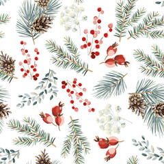 Keuken achterwand Kerstmis motieven patronen Kerstpatroon met rode bessen en dennentakken  © ojardin