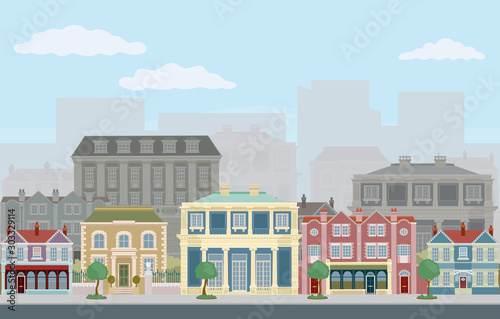 A street scene with victorian and georgian style houses  shops and other buildings. Seamlessly tilable so you van make longer images.