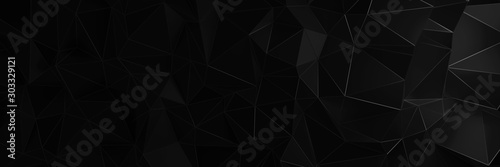 3d ILLUSTRATION, of black abstract crystal background, triangular texture, wide panoramic for wallpaper, 3d black background low poly design