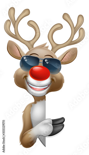 Christmas reindeer red nosed deer cartoon character wearing cool shades or sunglasses peeking around a sign and pointing at it photo