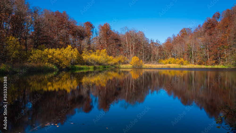 Colorful reflection of autumn trees in a mountain lake