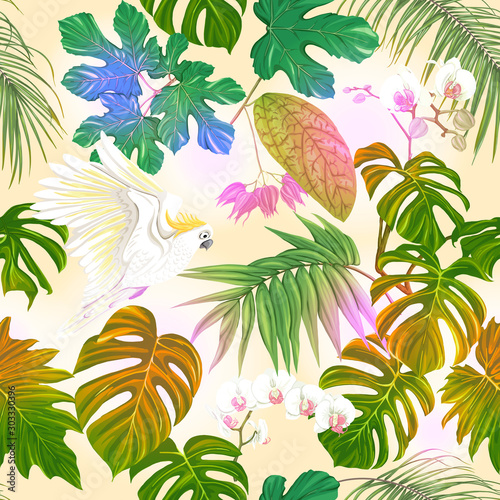 Seamless pattern, background. with tropical plants and flowers with white orchid and tropical birds. Colored vector illustration in neon, fluorescent colors on soft yellow background..