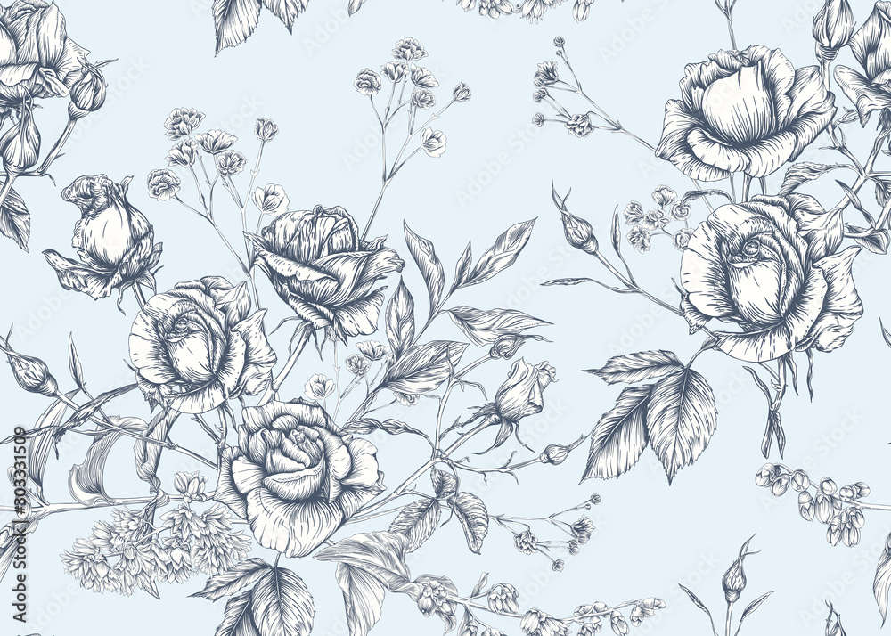 Roses and spring flowers seamless pattern. Graphic drawing, engraving style. Vector illustration. Roses and spring flowers seamless pattern. Graphic drawing, engraving style. Vector illustration.