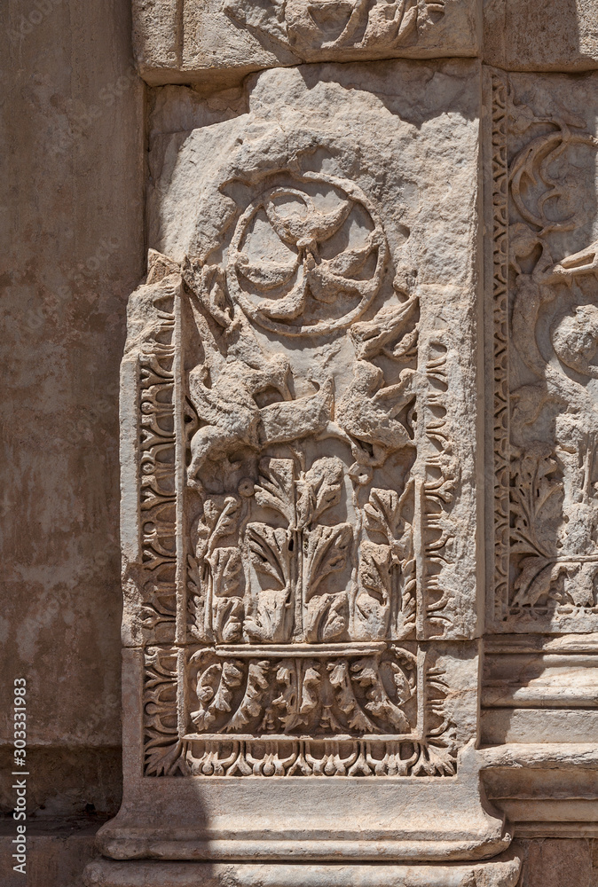 Detail of facade of Celsus library in antique Ephesus. Selcuk in Izmir Province, Turkey