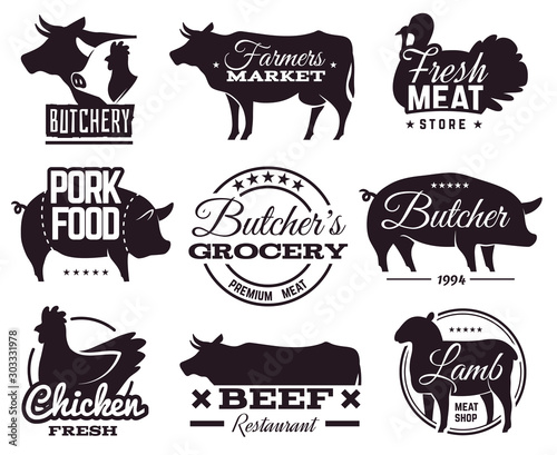 Butcher emblems. Butchery shop labels with animals silhouettes. Beef and pork, chicken and lamb, organic farm meat steakhouse vector set