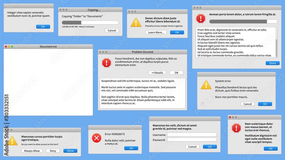 Modern pc window. User interface design, app web browser. System dialog boxes with error messages vector set Modern pc window. User interface design, app web browser. System dialog boxes with error messages vector set