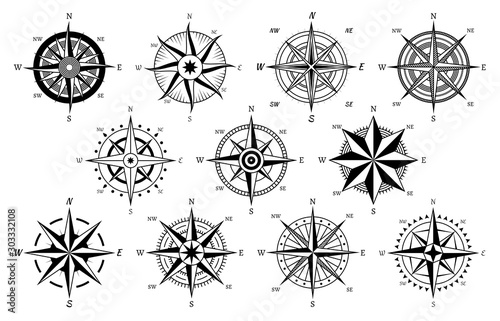 Vintage compass. Windrose antique compasses nautical cruise sailing symbols, sea travel marine navigation map element vector icons set
