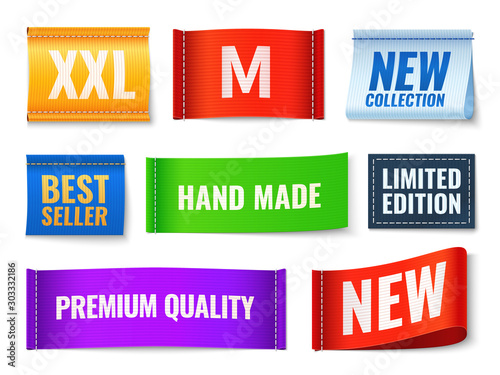 Clothes tags. Promo fabric badges, color cotton rectangular new, hand made and new collection banners. Textile labels isolated vector set