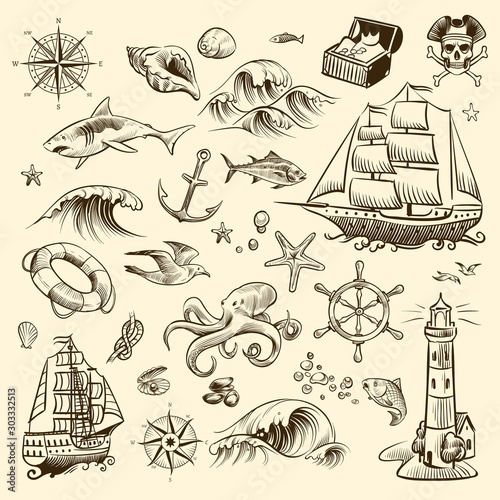 Pirate adventure set. Sea navigation engraved old fantasy objects, ship and treasure of pirates with lighthouse vector collection