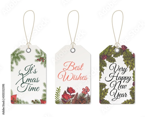Christmas tags. Xmas cute design for printable template of card celebration labels and gift vector set