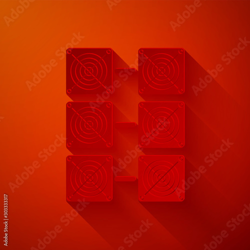 Paper cut Mining farm icon isolated on red background. Cryptocurrency mining, blockchain technology, bitcoin, digital money market, cryptocoin wallet. Paper art style. Vector Illustration