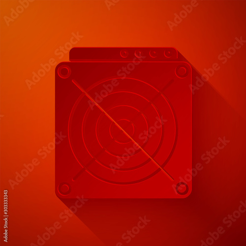 Paper cut ASIC Miner icon isolated on red background. Cryptocurrency mining equipment and hardware. Application specific integrated circuit. Paper art style. Vector Illustration