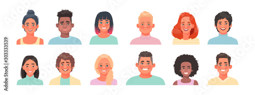 Set of avatars characters teenagers. Portraits of happy guys and girls of different nationalities. Students. Faces of young people