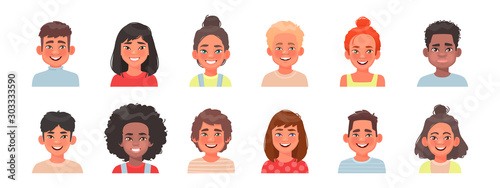 Set of avatars of children characters. Happy faces of boys and girls of different nationalities