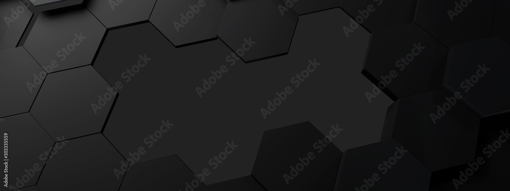 3d BLACK illustration of honeycomb ABSTRACT BACKGROUND, FUTURISTIC HEXAGONAL WALLPAPER, BACKGROUND - obrazy, fototapety, plakaty 