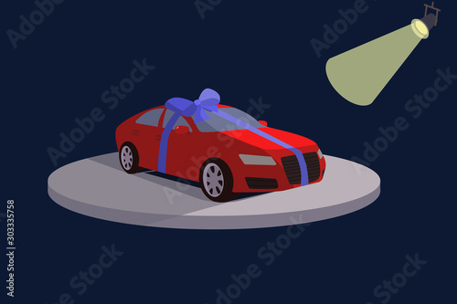 The car as a gift with a blue ribbon bow. Vector illustration