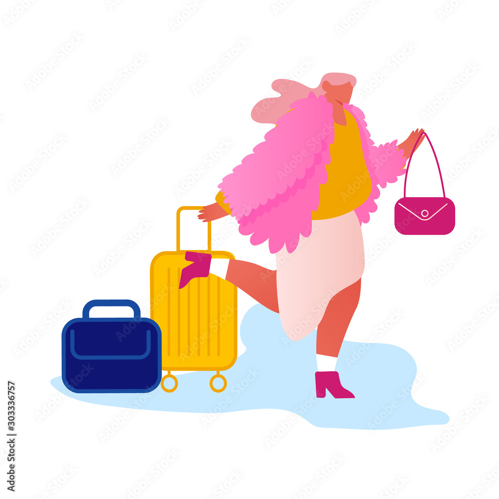 Φωτογραφία Happy Fashioned Woman Traveler with Luggage Inn to Hotel for Night