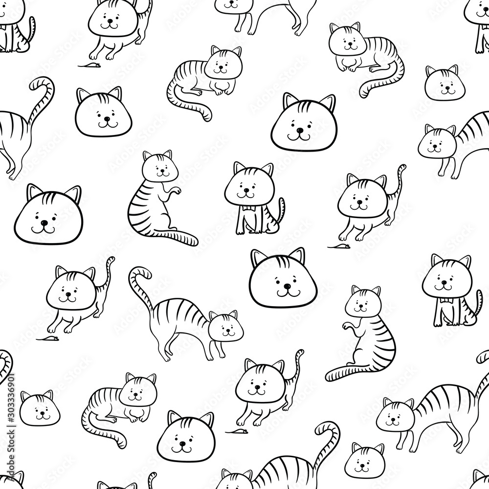 Funny cats black and white seamless pattern. Great for coloring page, prints, backgrounds, textile and fabric. Vector illustration. Funny cats black and white seamless pattern. Great for coloring page, prints, backgrounds, textile and fabric. Vector illustration.