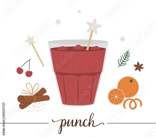 Vector illustration of punch isolated on white background. Winter traditional drink. Holiday hot beverage with orange, cherry, anise, cinnamon. .