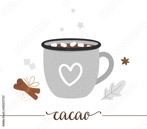 Vector illustration of cocoa in enamel cup isolated on white background. Winter traditional drink. Holiday hot beverage with marshmallow, sugar, anise, cinnamon. .