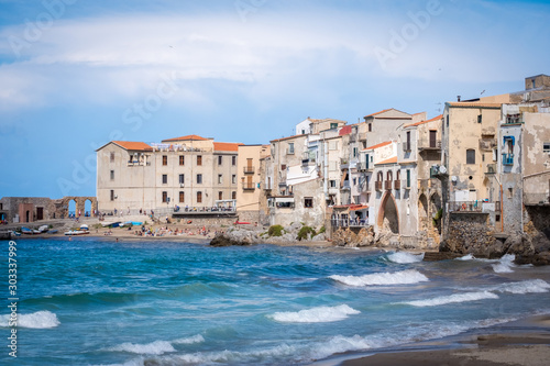 Panorama view on cityscape of Cefalu from drone. Tyrrhenian Sea. Sicily, Italy