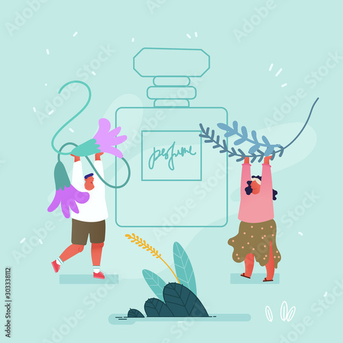 Perfumers Create New Perfume Fragrance Composition Concept. Tiny Man and Woman Bringing Ingredients Herbs to Huge Sprayer Bottle with Toilet Water. Perfumery Industry Cartoon Flat Vector Illustration