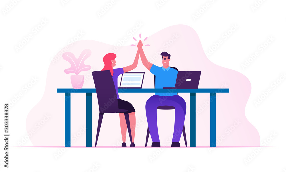 Contract Signing, Triumph and Support Concept.Man and Woman Colleagues Sitting at Desk Giving Highfive to Each Other after Goal Achievement or Successful Business Deal Cartoon Flat Vector Illustration