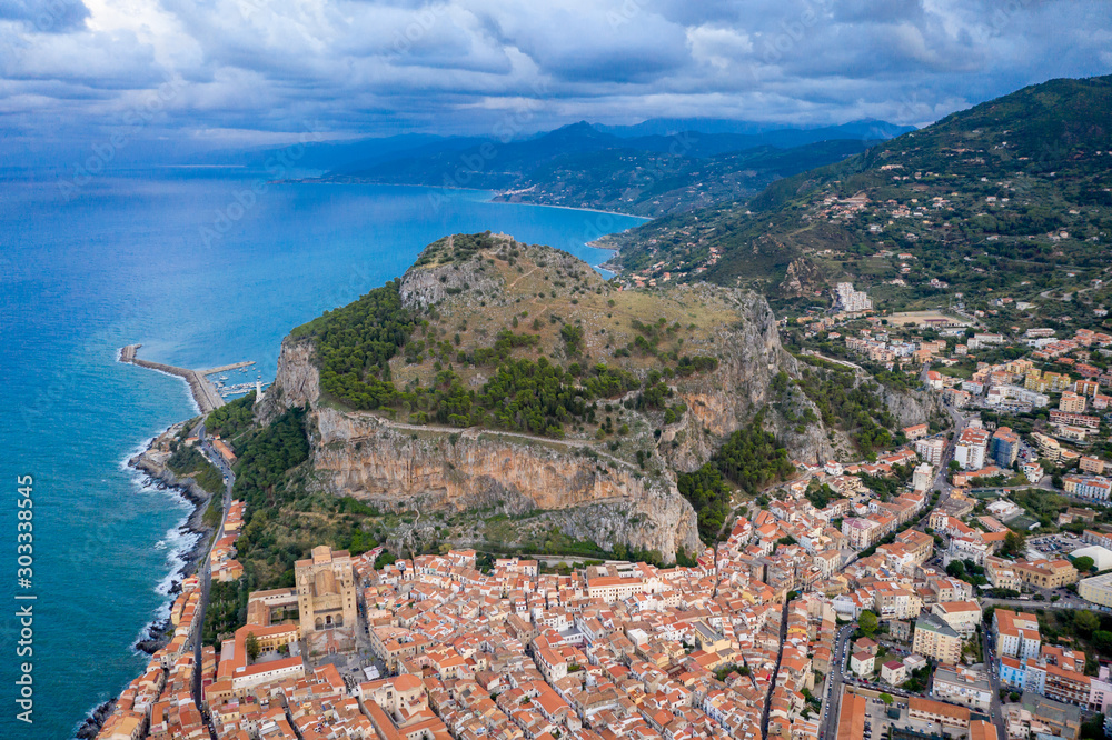 Panorama view on cityscape of Cefalu from drone. Tyrrhenian Sea. Sicily, Italy