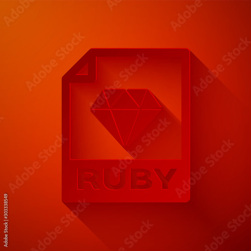 Paper cut RUBY file document. Download ruby button icon isolated on red background. RUBY file symbol. Paper art style. Vector Illustration