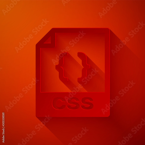 Paper cut CSS file document. Download css button icon isolated on red background. CSS file symbol. Paper art style. Vector Illustration