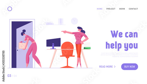 Woman Employee Fired From Job Website Landing Page. Sad Girl Holding Box Walking out of Open Door with Angry Boss in Formal Suit Pointing to Exit Web Page Banner. Cartoon Flat Vector Illustration